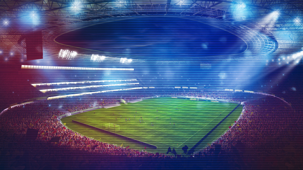 Background of a soccer stadium with light effects full of fans during a night game. 3D rendering